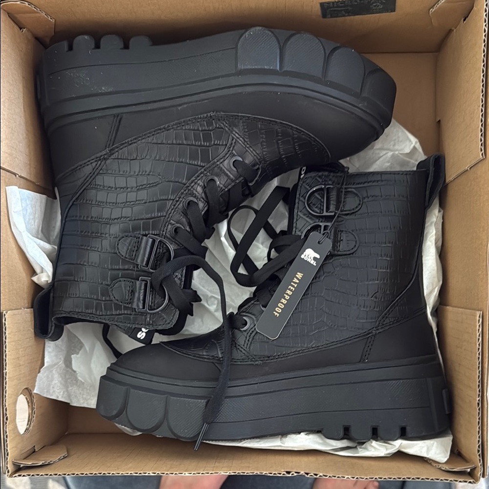 Black Sorel Croc-Embossed Platform Boots